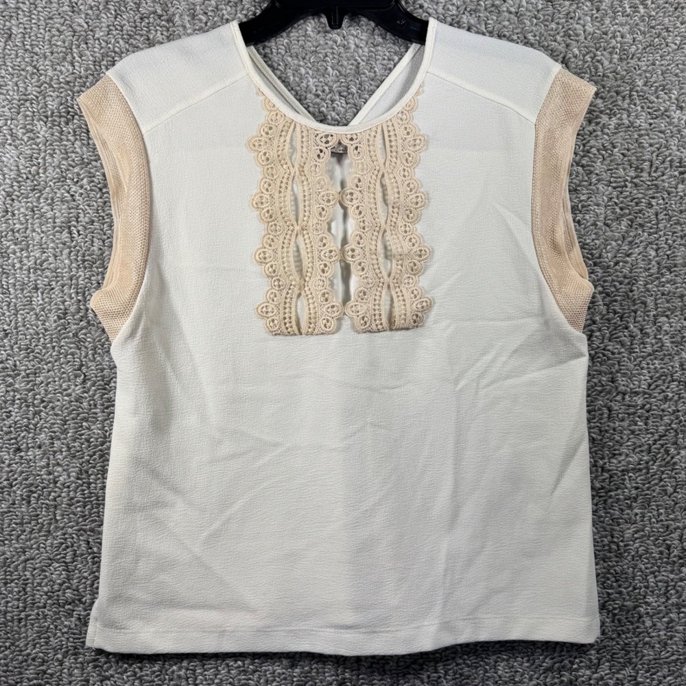 ZARA Cap Sleeve Top Lace Sleeveless Blouse Limited Run White Tan Gold Womens M